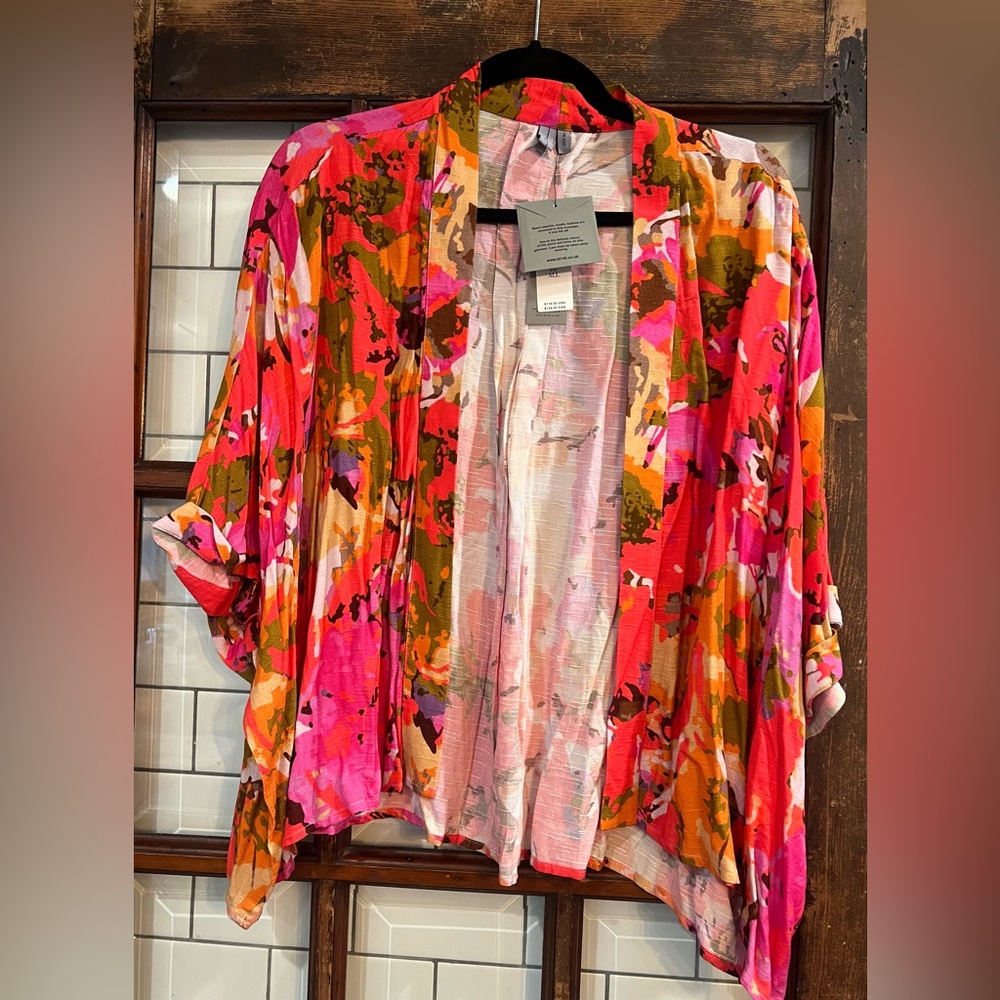 Anthropologie Blank London Womens Kimono One Size Pink Multi Floral Boho Beach